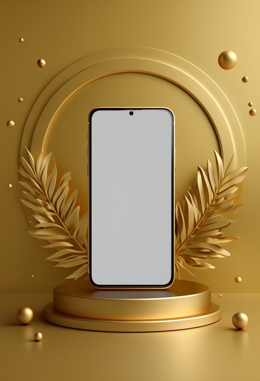 Elegant Gold Smartphone 3D Rendering on Circular Pedestal Mockup