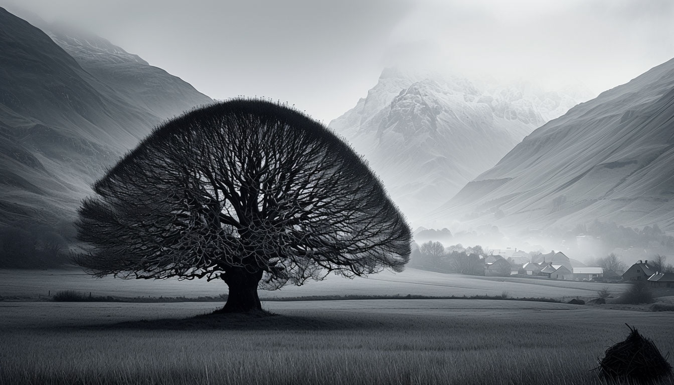 Serene Black-and-White Landscape with Leafless Tree Background