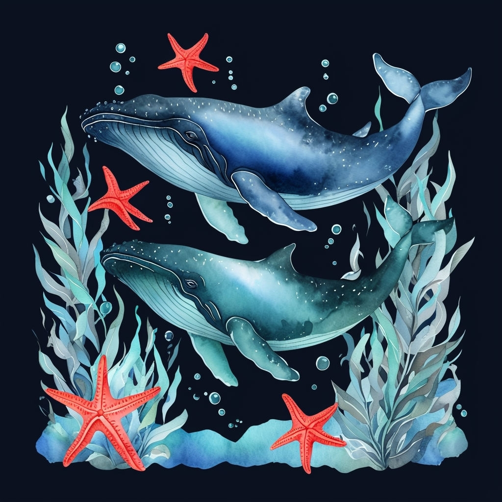 Serene Underwater Watercolor Whales and Starfish T-Shirt