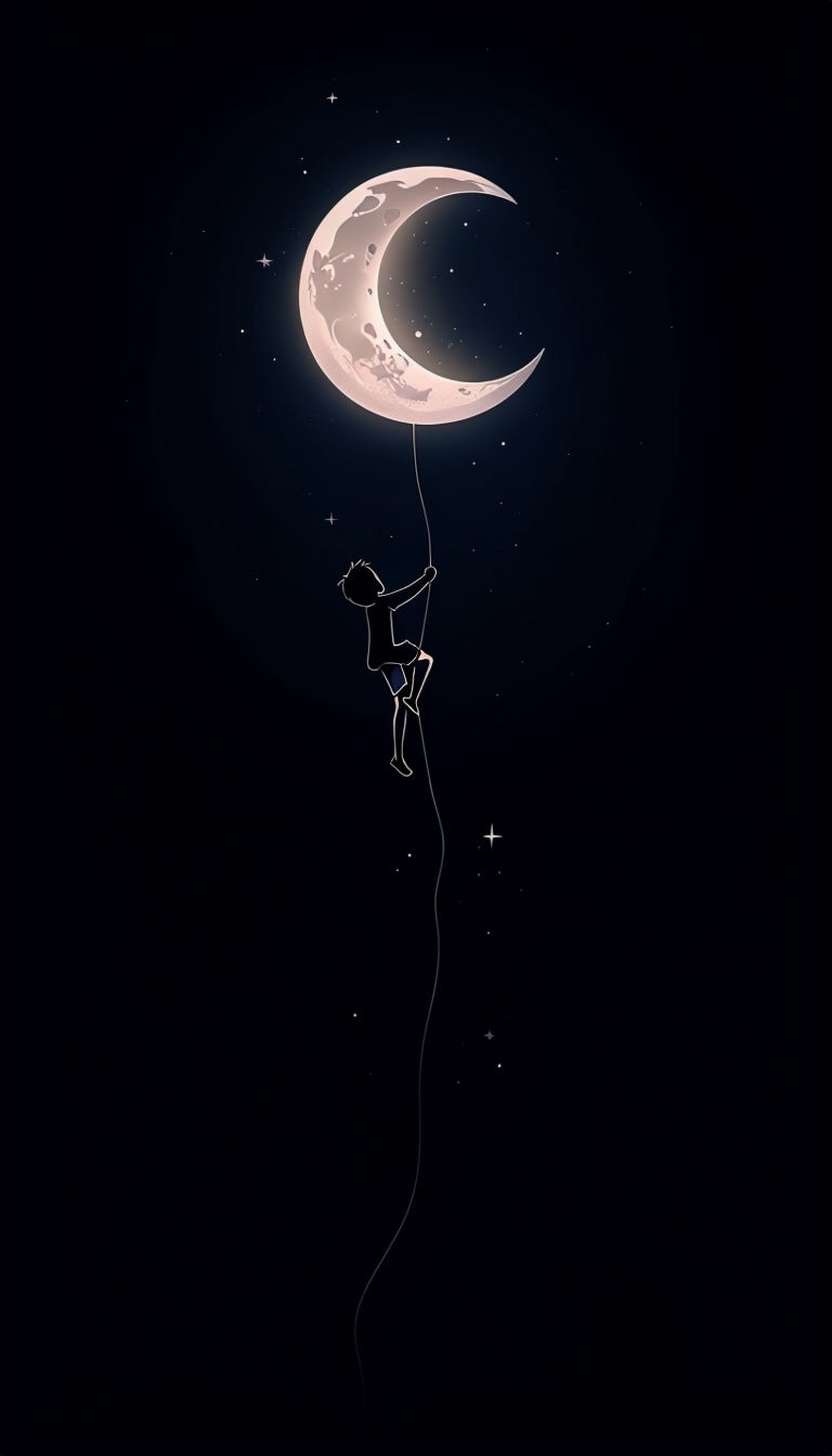 Whimsical Boy Climbing to Crescent Moon Minimalist Illustration Mobile Wallpaper