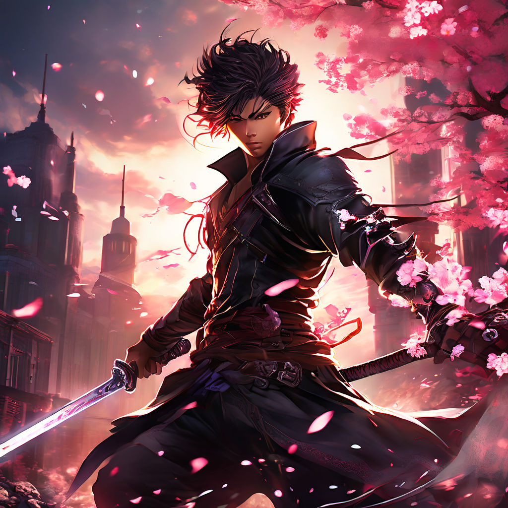 Anime guy with dark purple hair wielding a violet katana