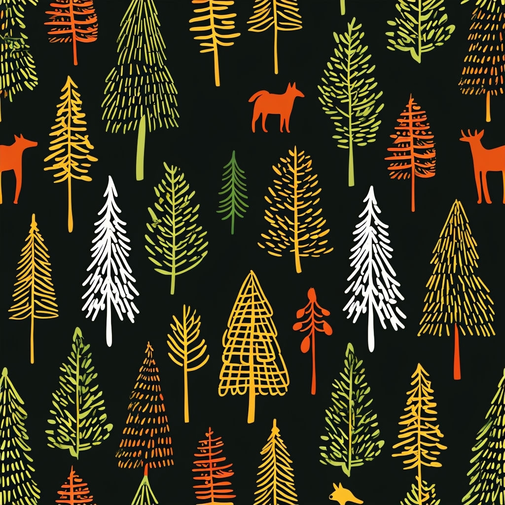 Whimsical Hand-Drawn Trees and Animals Pattern T-Shirt