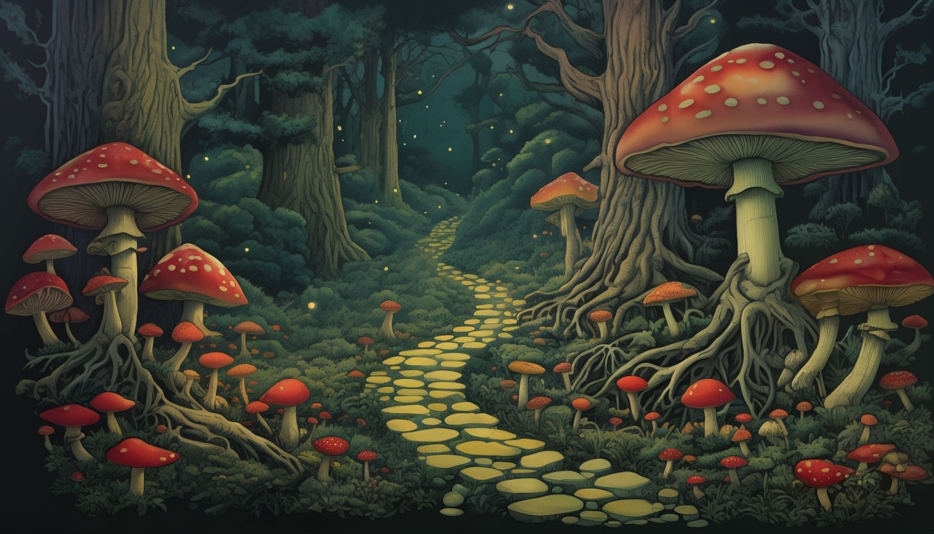 Enchanting Fantasy Forest Path Illustration for Virtual Backgrounds