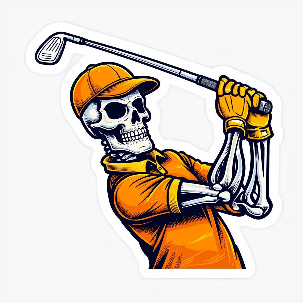 Whimsical Cartoon Skeleton Golfer Sticker with Orange Details