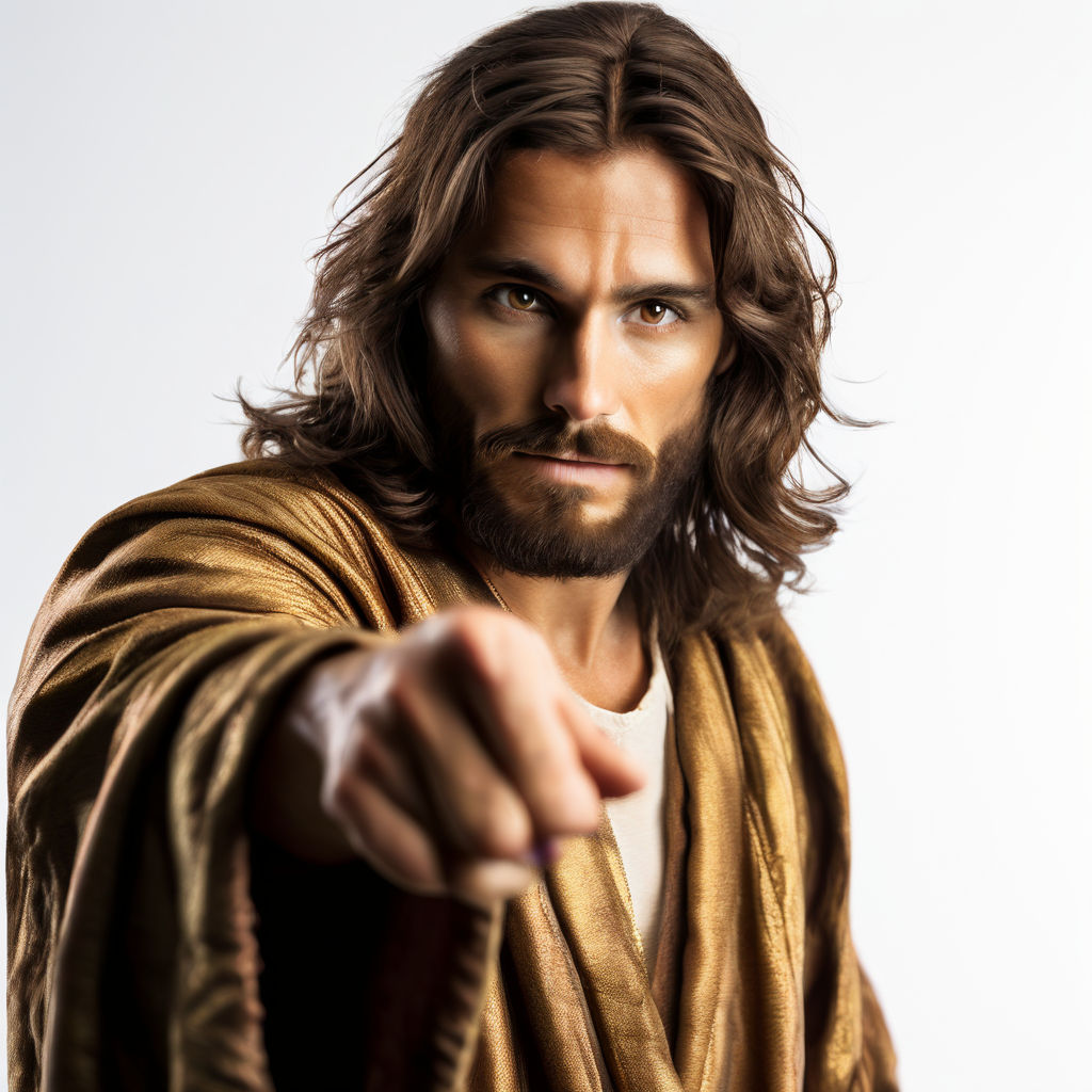 Jesus is wearing dark gold clothing and is pointing exactly ... by João ...