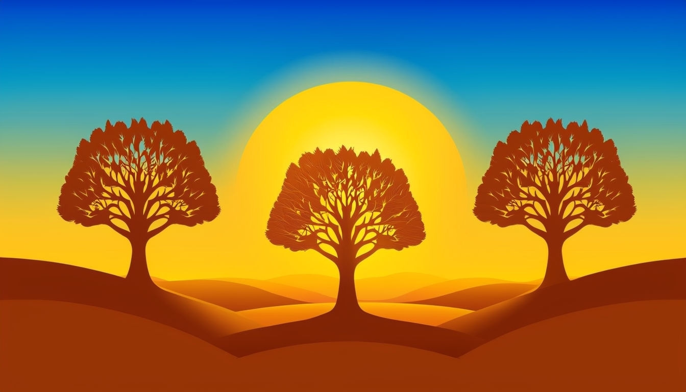 Majestic Sunset Landscape with Trees and Rolling Hills Background