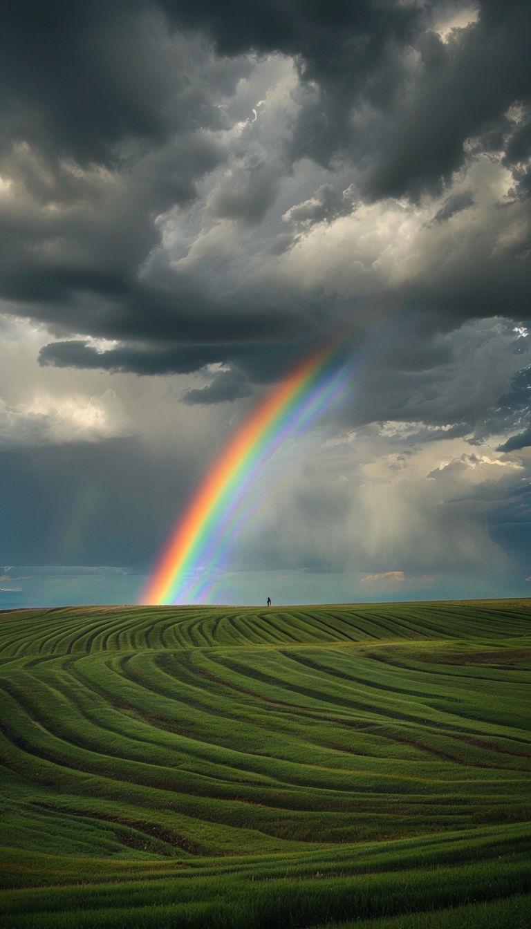 Serene Green Field Under Dramatic Rainbow and Stormy Sky Mobile Wallpaper