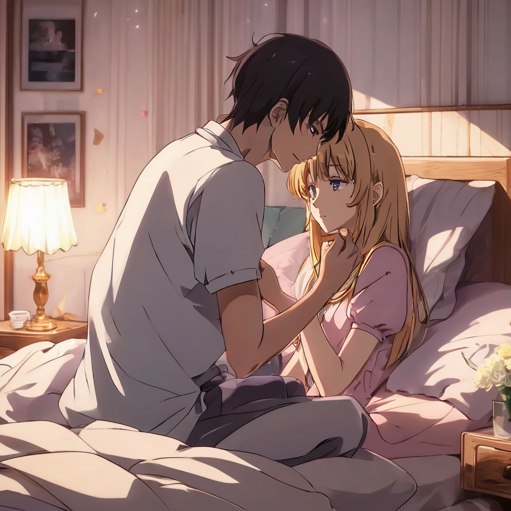 anime characters cuddling and kissing in bed