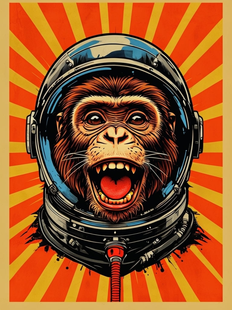 Joyful Retro Monkey Astronaut Illustration with Vibrant Colors Art