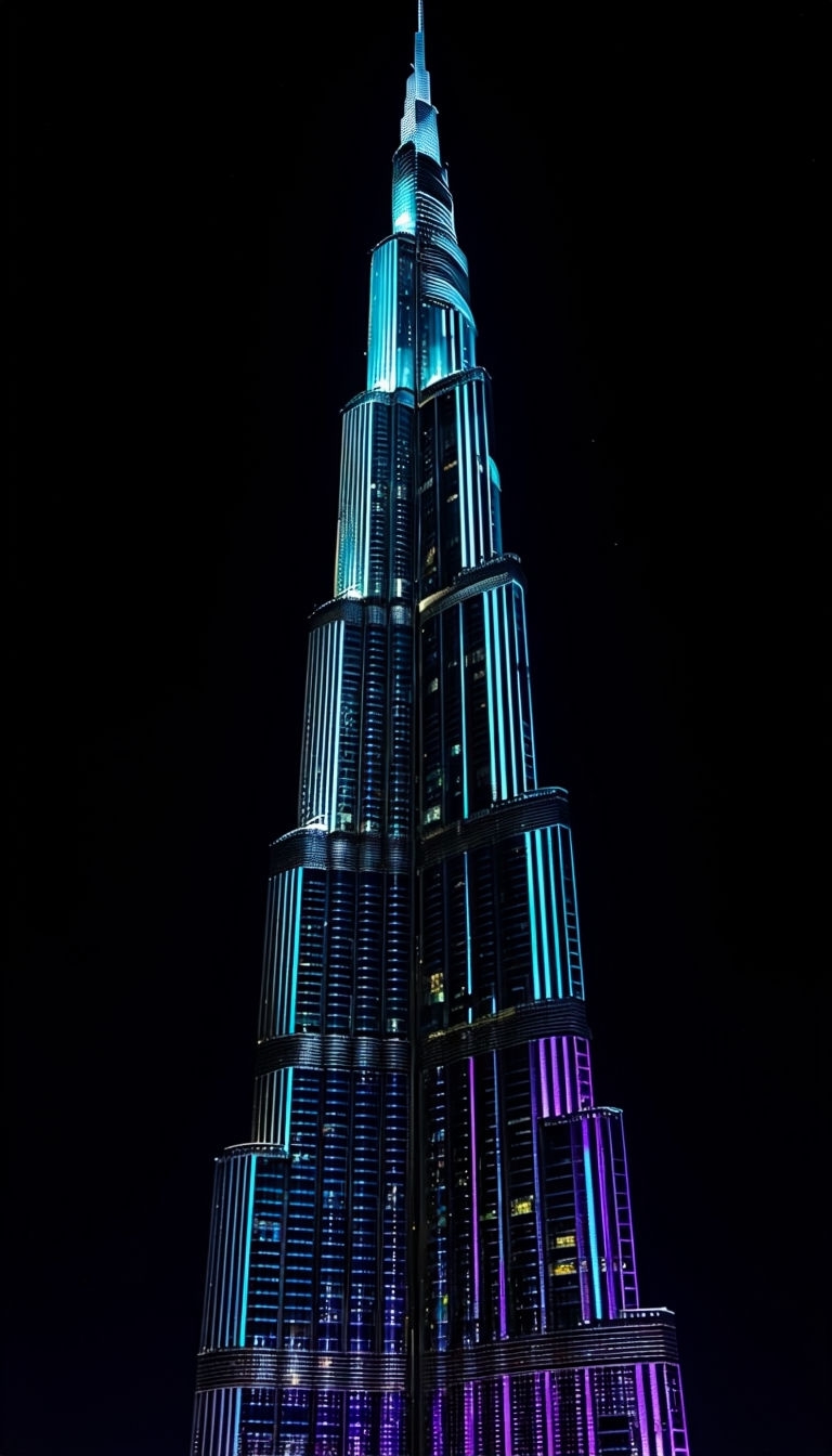 Vibrant Nighttime Burj Khalifa Illumination in Dubai Mobile Wallpaper