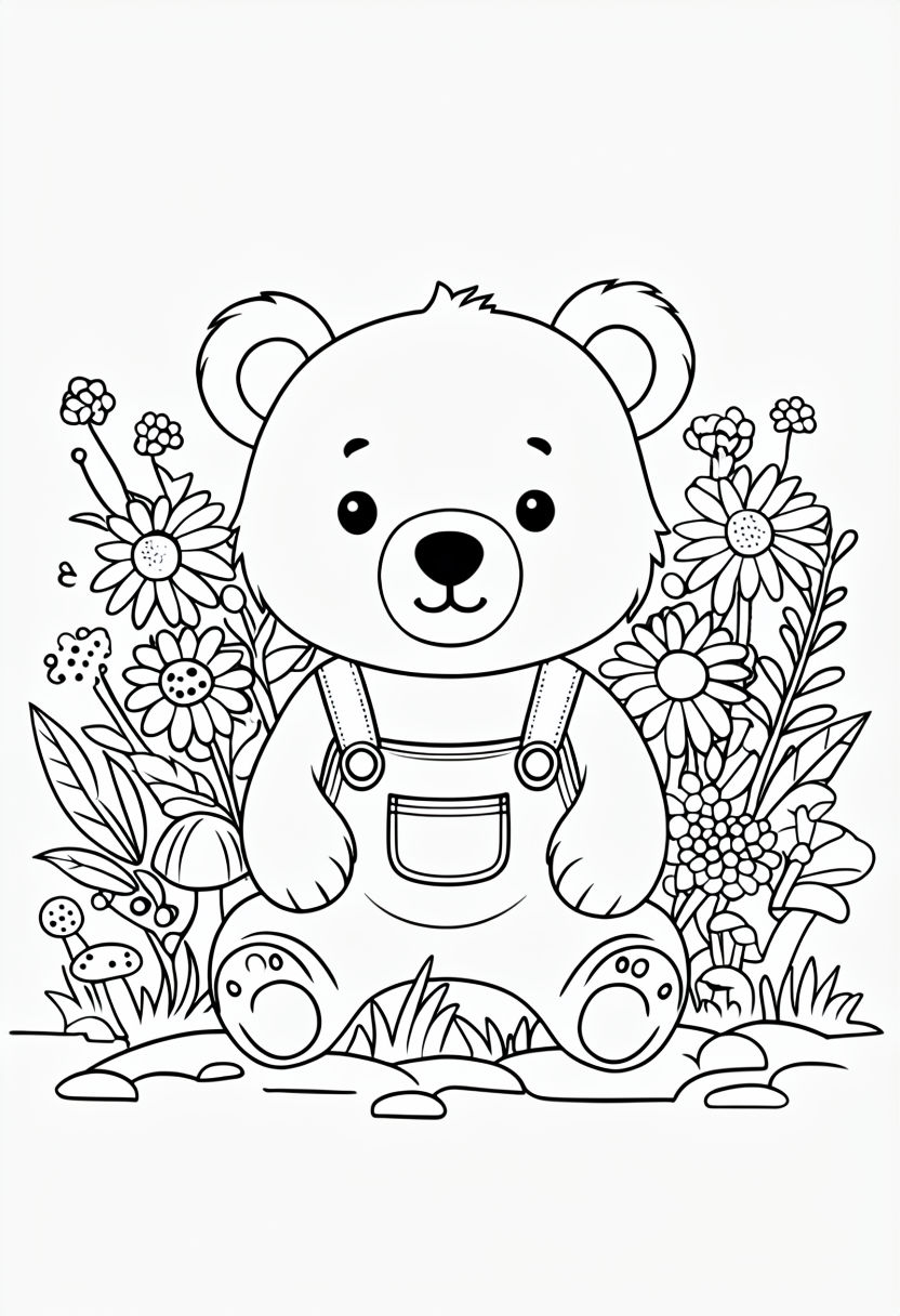 Cute Bear Surrounded by Flowers Coloring Page Design