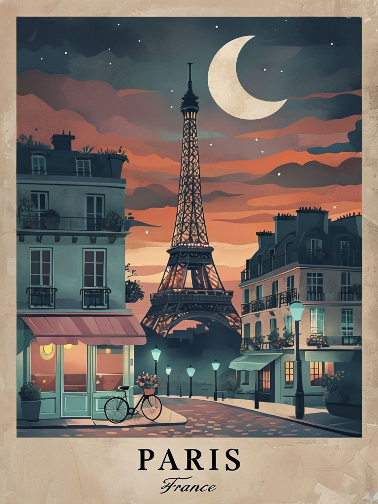 Vintage Paris Twilight Scene with Eiffel Tower Illustration Poster