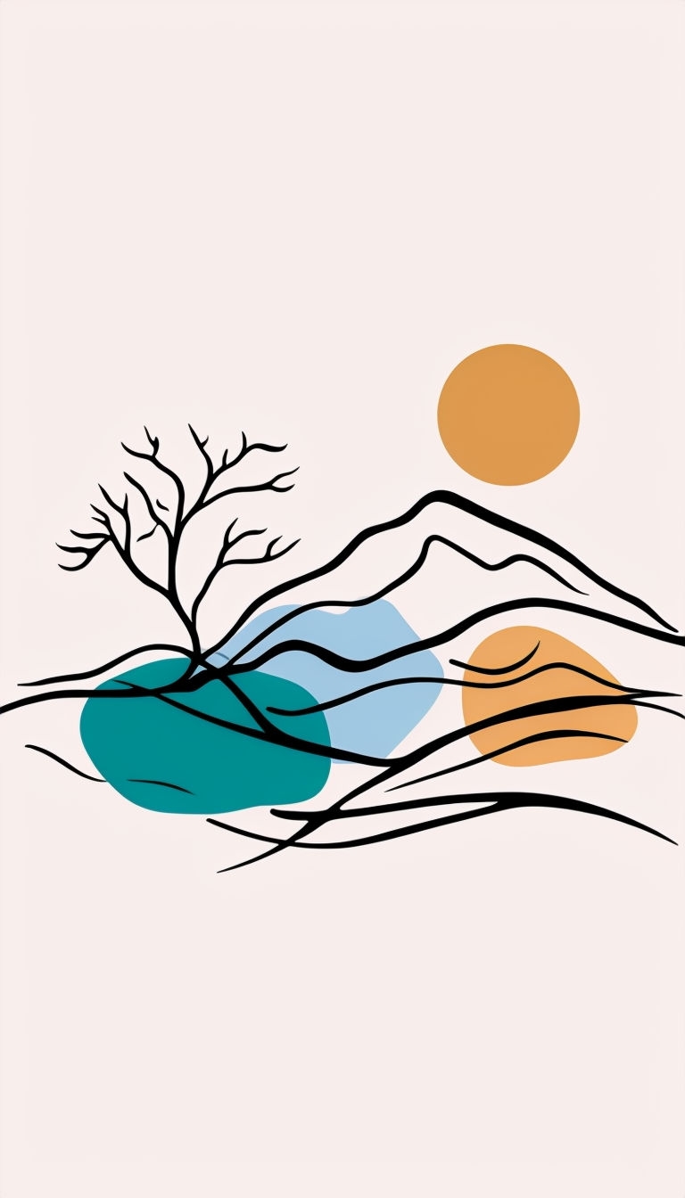 Minimalist Abstract Landscape with Line Art and Color Shapes Mobile Wallpaper