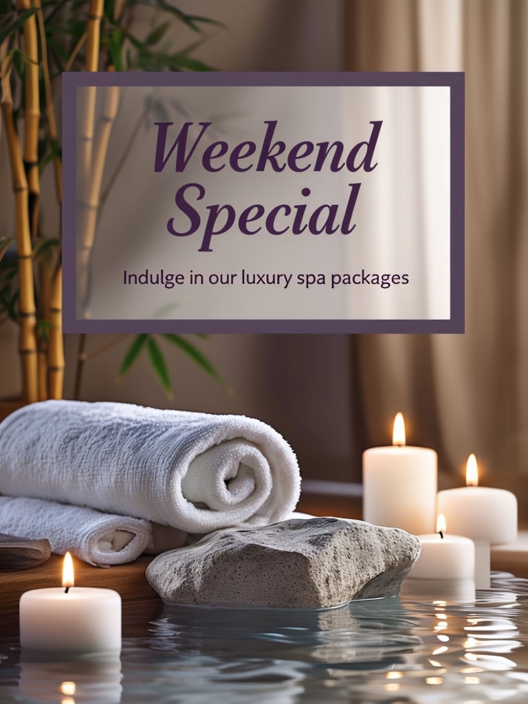 Cozy Spa Scene with Elegant 'Weekend Special' Promotion Social Media Post