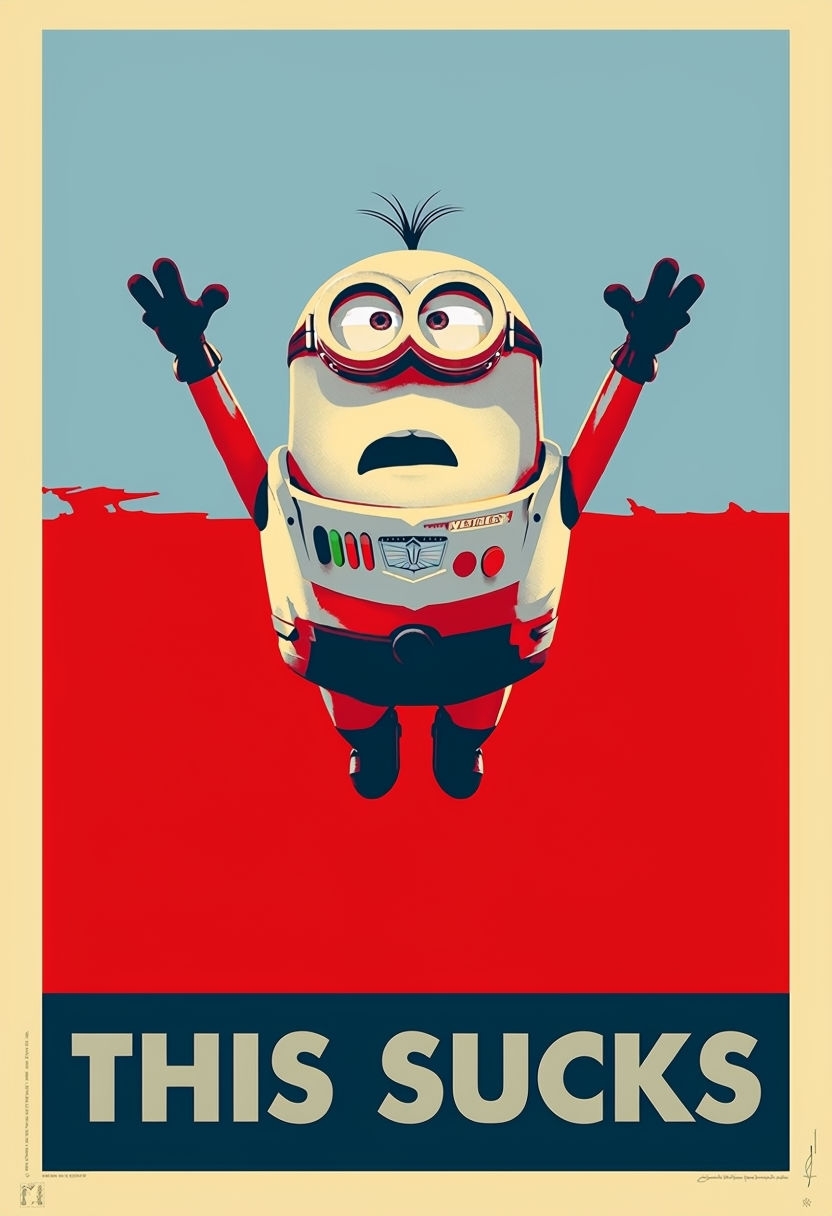 Bold Minion Flying with 'This Sucks' Statement Poster