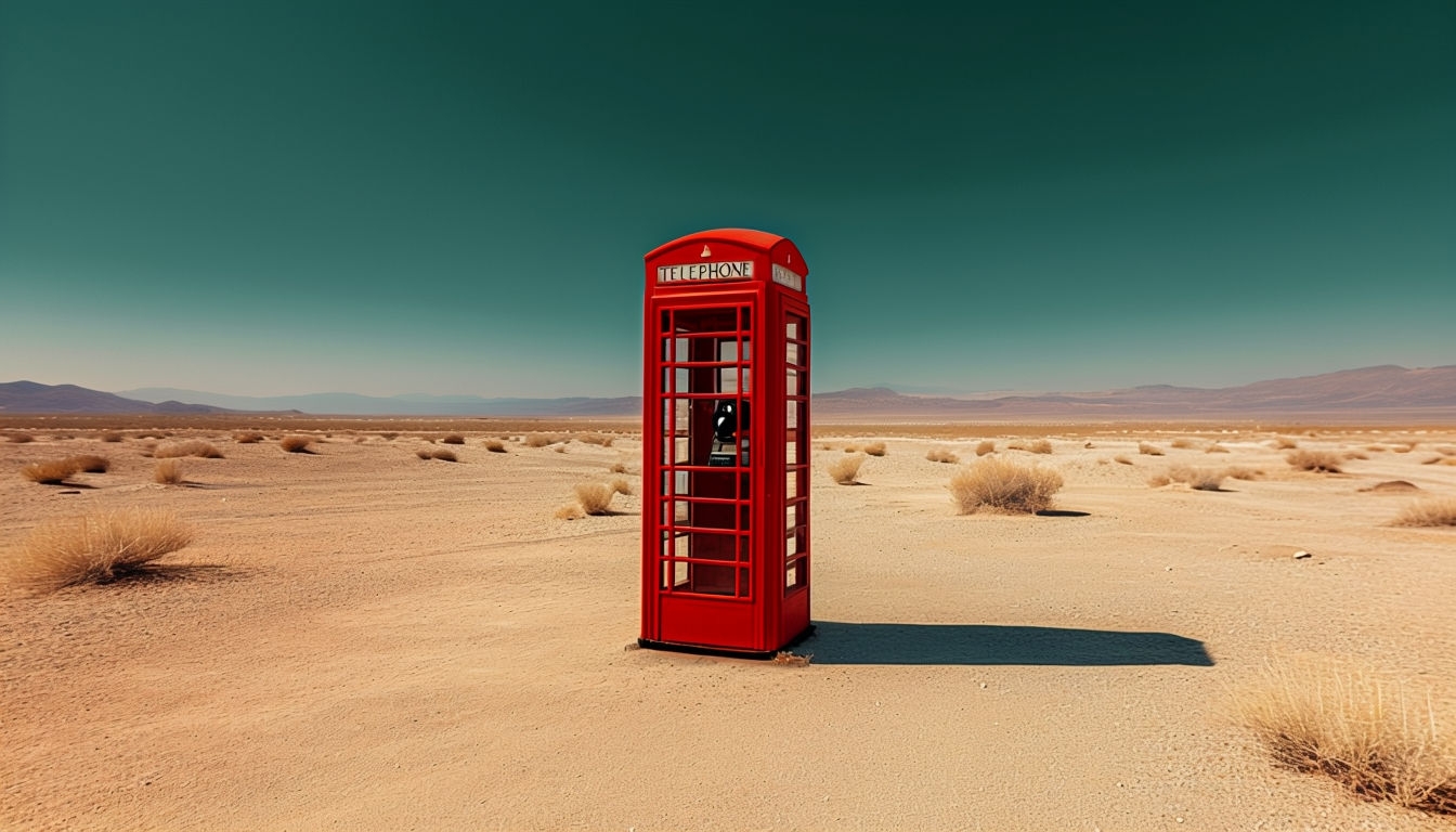 Vintage Red Telephone Booth in Desert Landscape Virtual Background