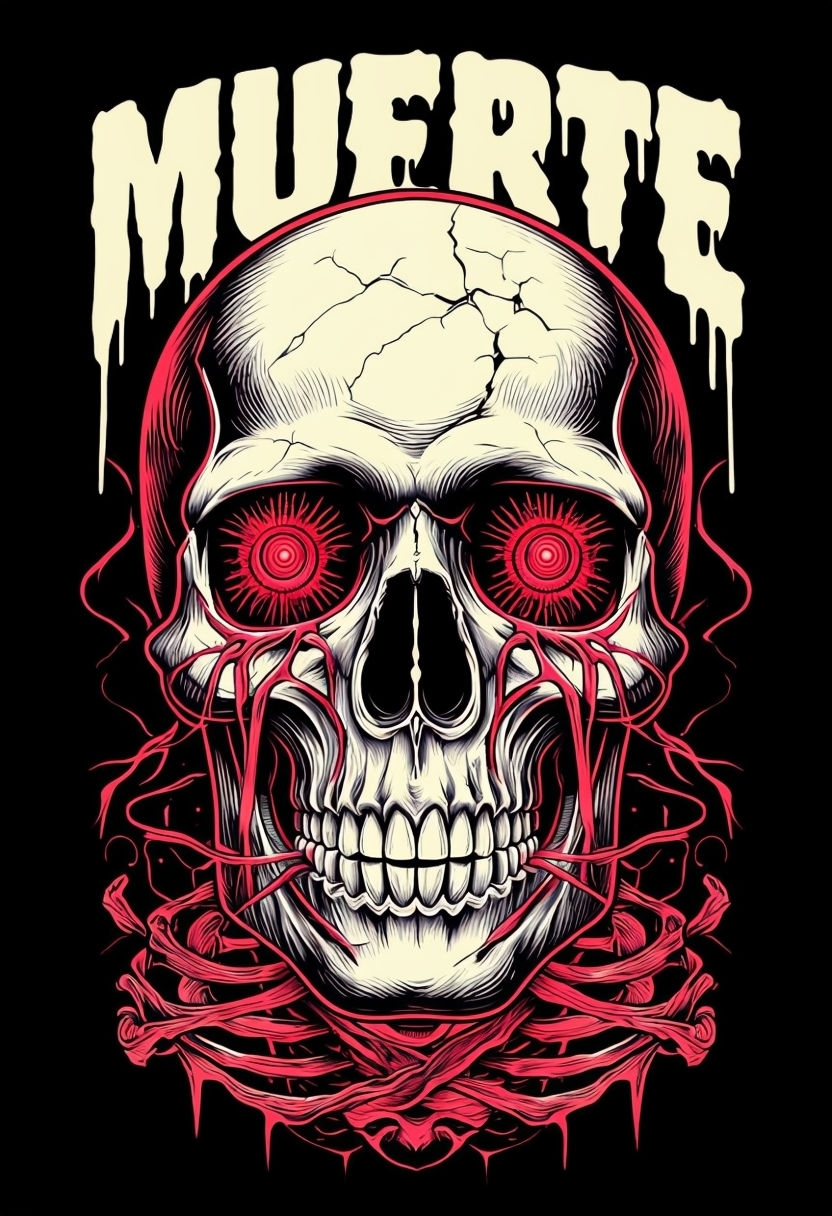Eerie Skull Illustration with Red Eyes and Muerte Text T-Shirt
