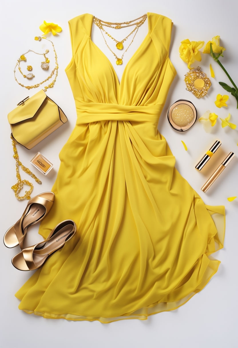 Chic Yellow Dress Flat Lay Fashion Photo for Stylish Party Poster