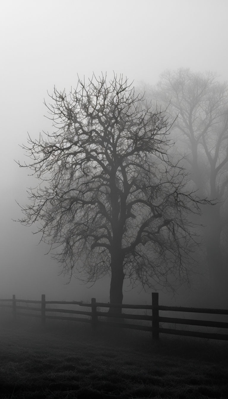 Mysterious Leafless Tree in Foggy Landscape Black and White Mobile Wallpaper