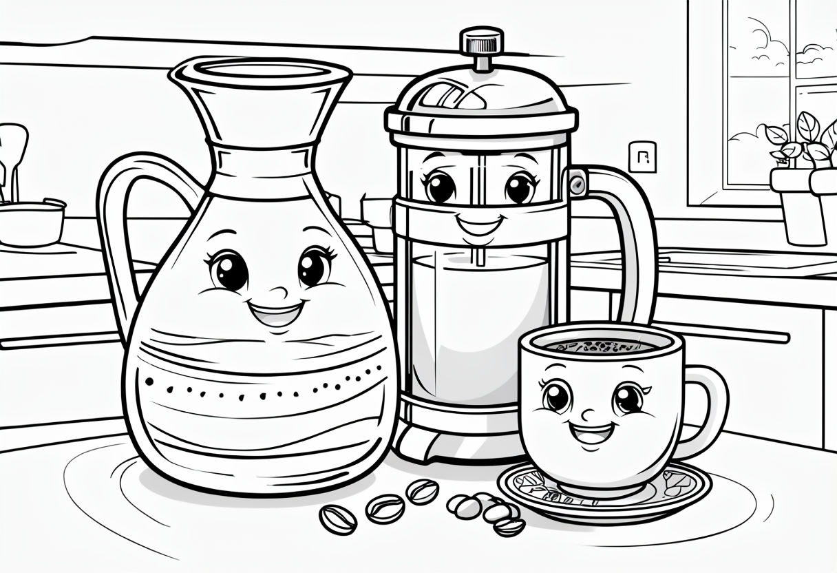 Charming Coffee Family Coloring Book Page with Carafe and Mug