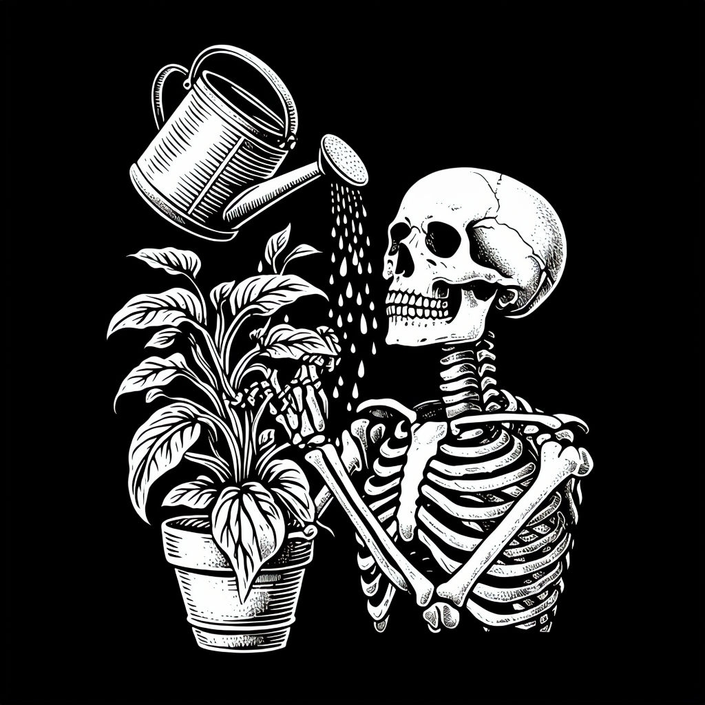 Skeleton Nurturing Plant Graphic T-Shirt in Bold Woodcut Style