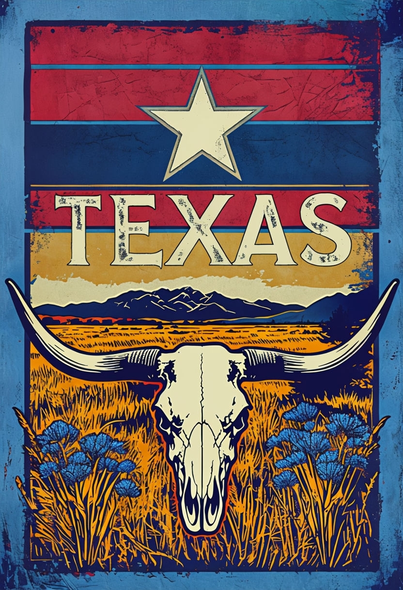 Vintage Texas Bull Skull Poster with Patriotic Color Palette Art