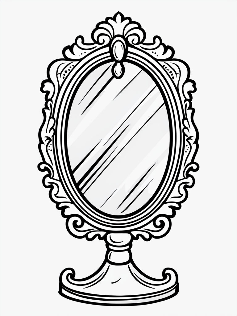Elegant Cartoon Mirror with Ornate Frame Line Drawing Coloring Book Pages