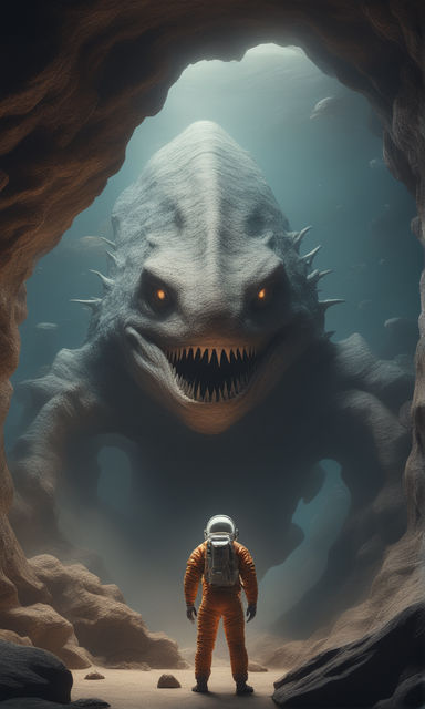 An astronaut in a cave facing a seamonster. Framed cave. by Christian ...