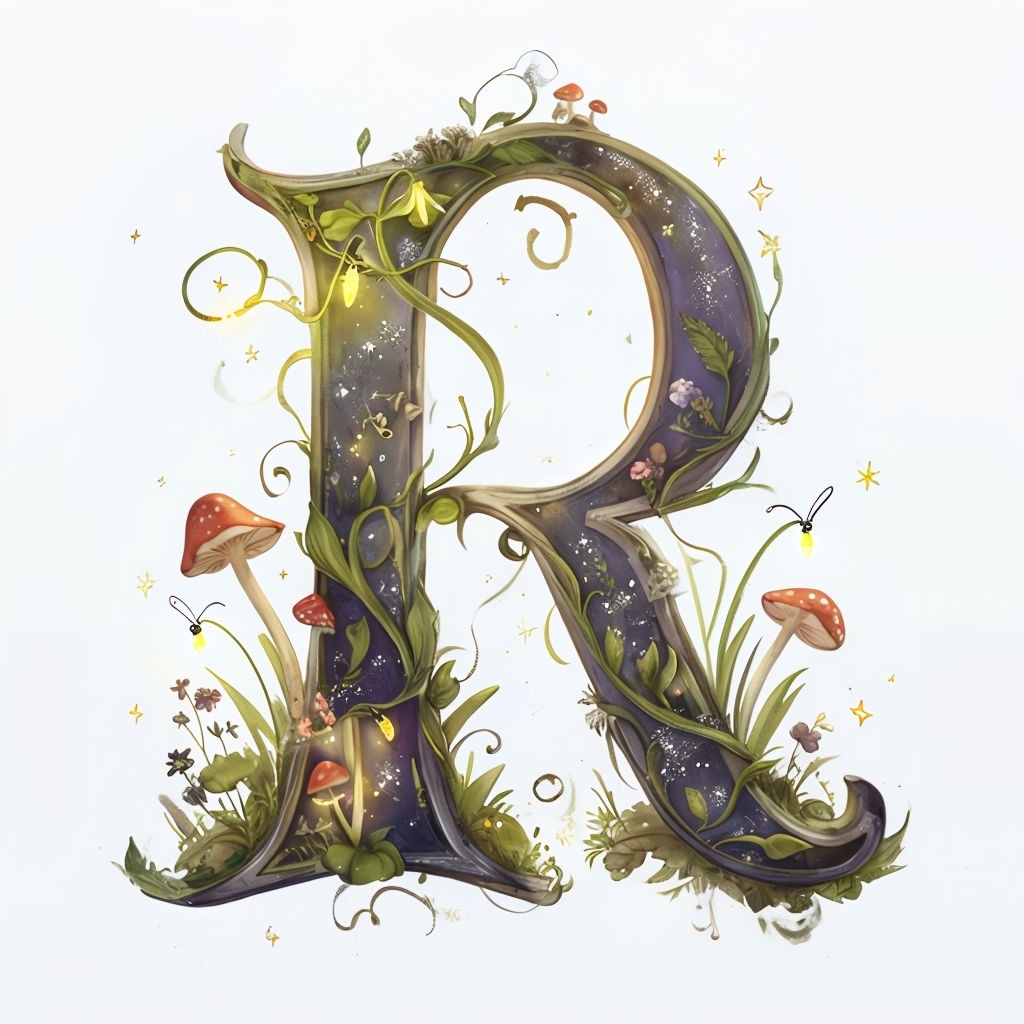 Whimsical Enchanted Monogram Letter R with Magical Elements Monogram