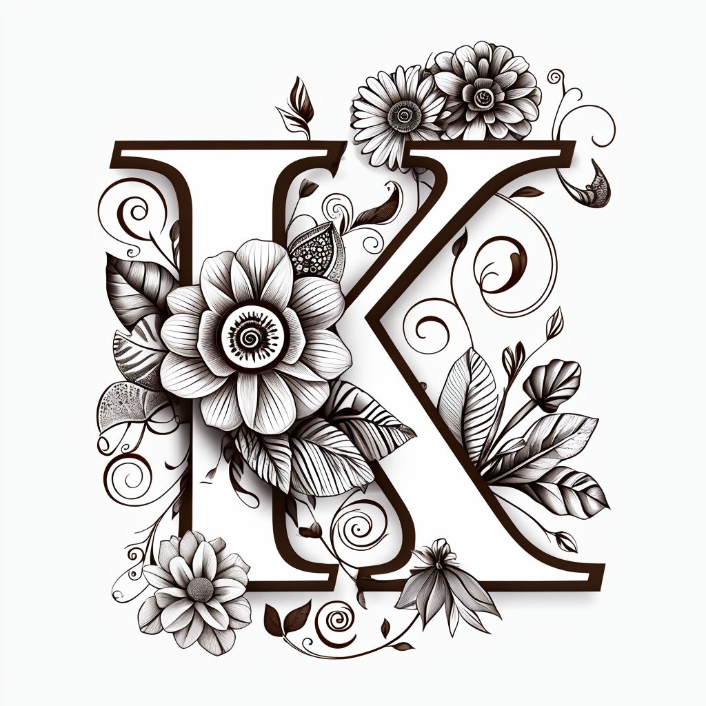 Intricate Black and White Floral Letter K Monogram Design