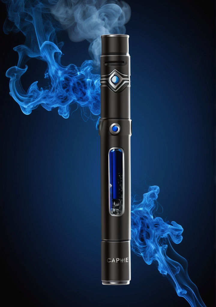 An electronic cigarette store banner, imposing in presence, acting as a magnetic unit in the network of thoughts for witnesses in the visual field, shrouded against a brooding obsidian background, veins of brilliant cobalt pulsate rhythmically throughout, highlighting the store name in electrifying strokes of sapphire, an alluring blend of neo-noir and contemporary taste, sleek, capillary structures of techno-blue detailing, oct