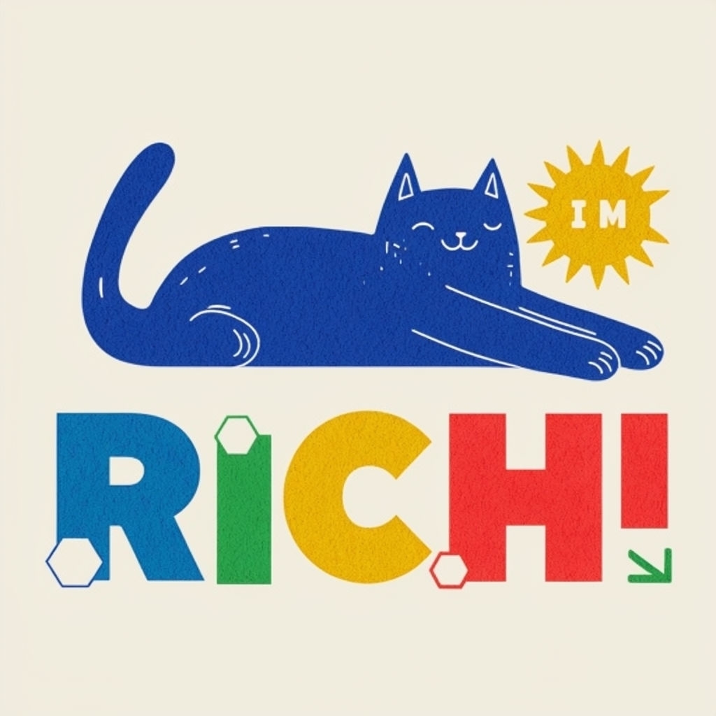 Playful Blue Cat with Colorful Text and Sunshine Poster