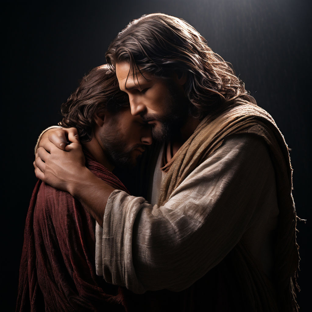 Generate a detailed 4k image of Jesus Christ embracing a ano... by ...