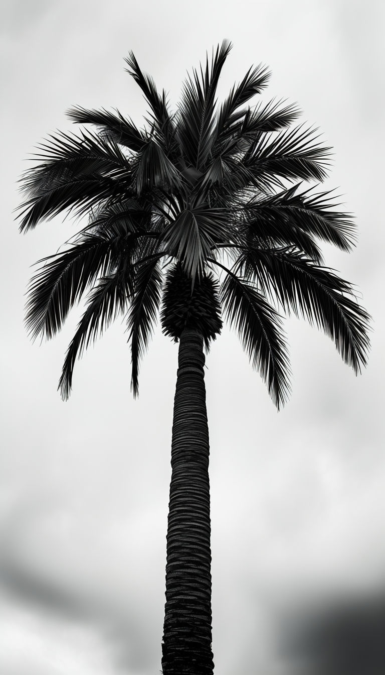 Solitary Palm Tree Against Overcast Sky Black and White Mobile Wallpaper