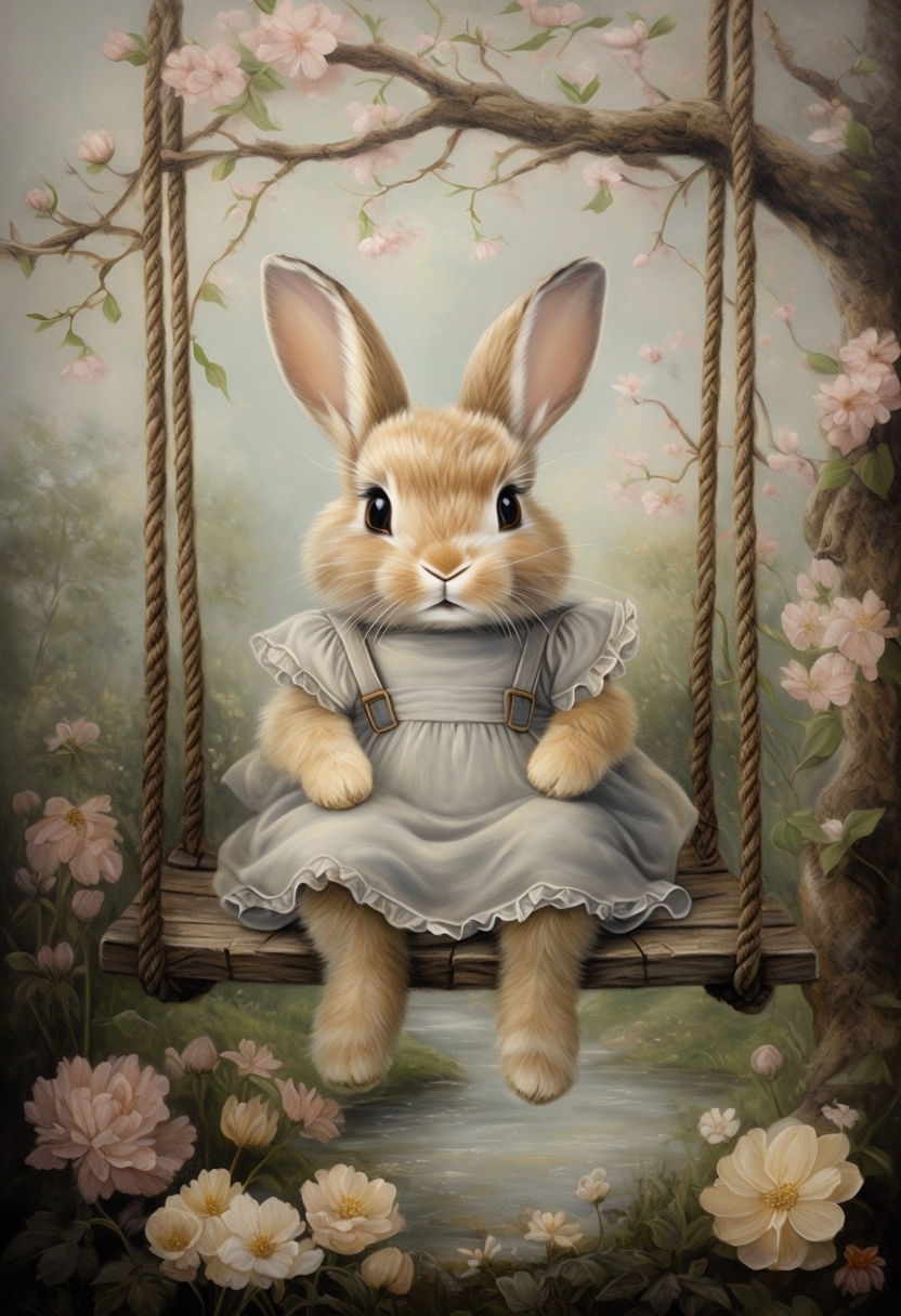 Whimsical Rabbit on Swing Under Blossoming Tree Painting Art