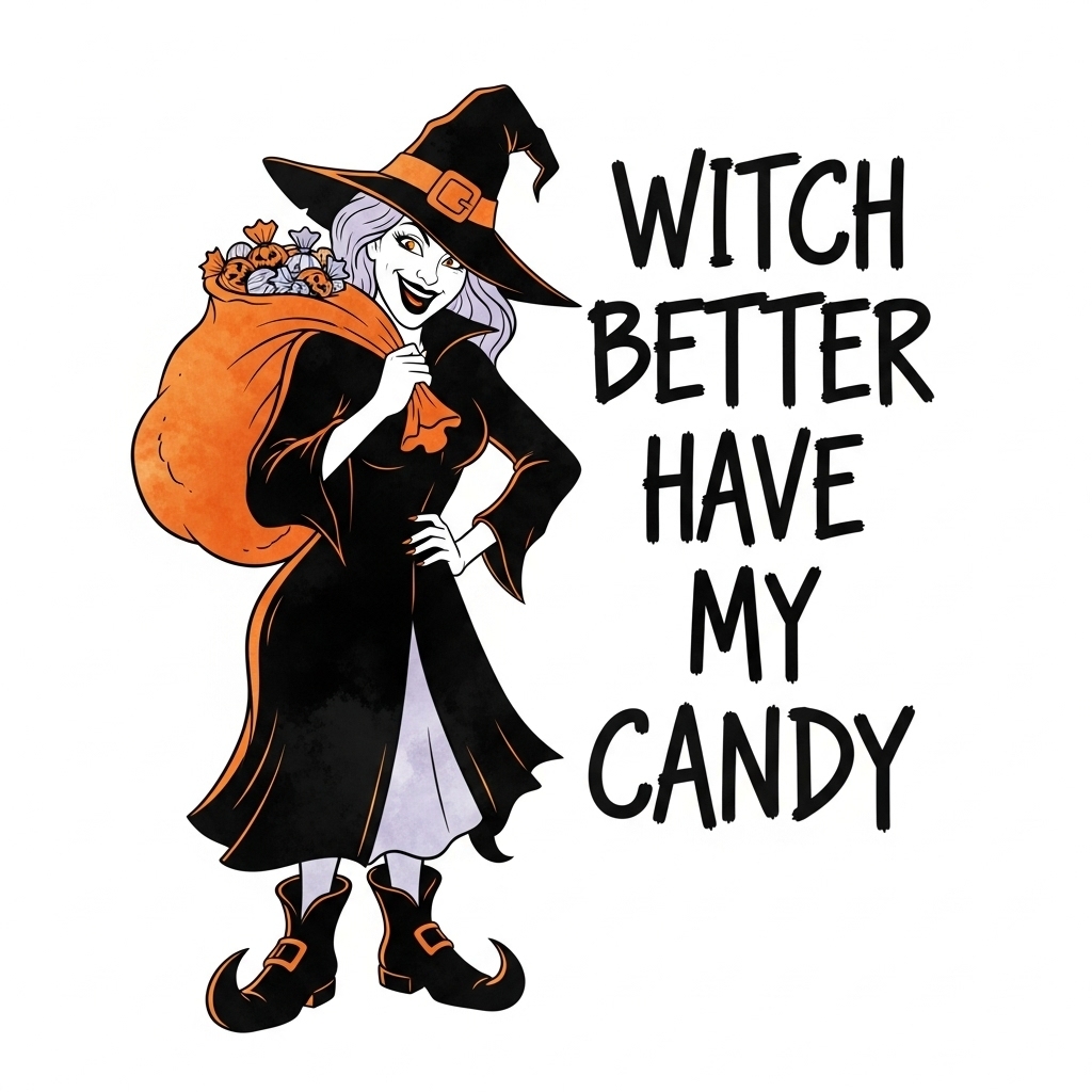Cheerful Cartoon Witch with Candy Bag Halloween Sticker
