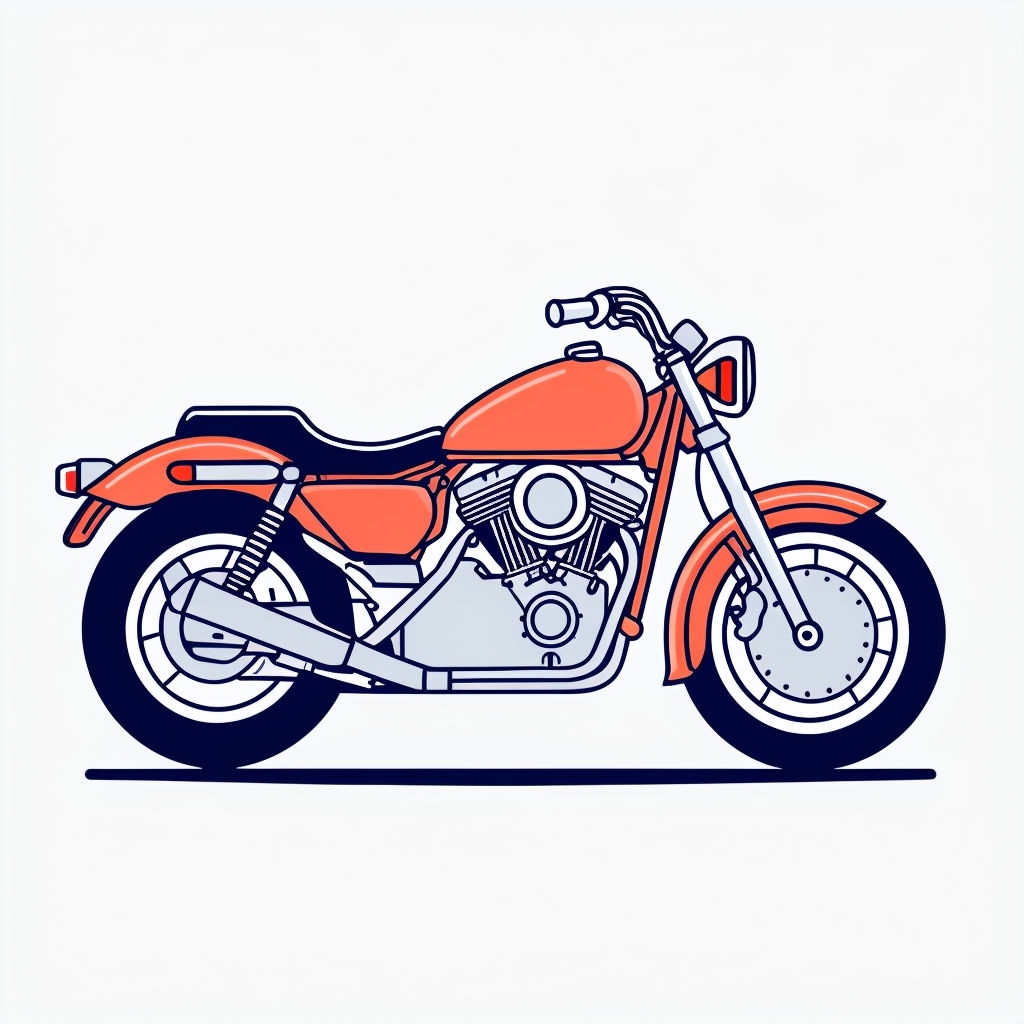 Vibrant Coral Cartoon Motorcycle Minimalist Art Illustration