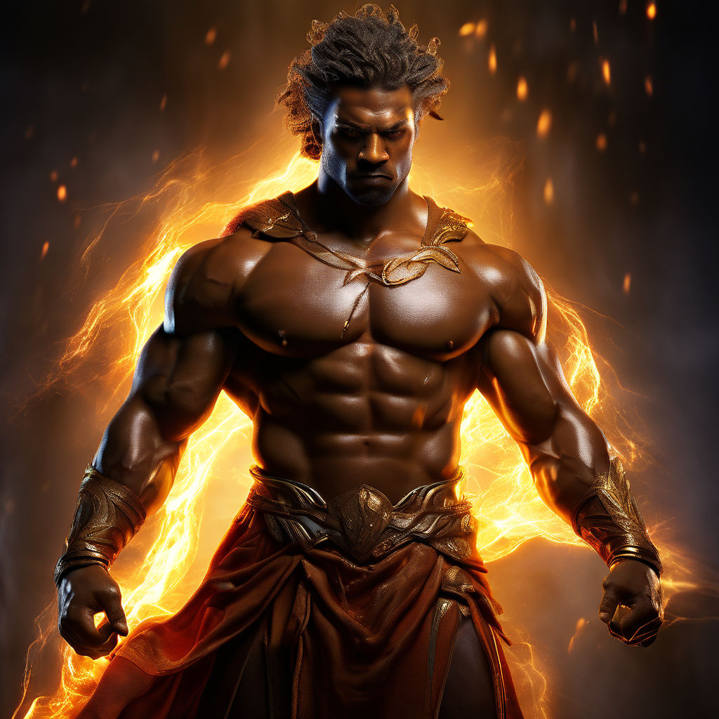 A buff black man as a god ready for war