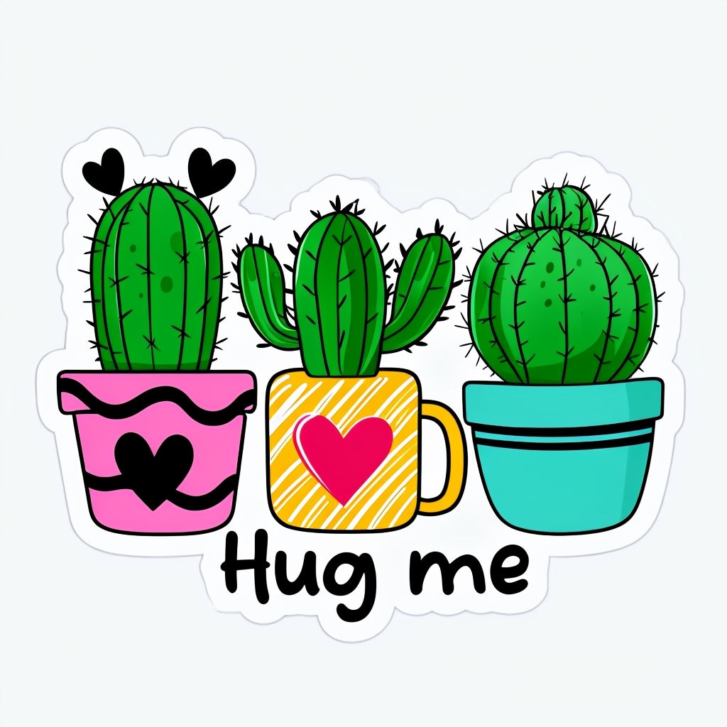 Charming Cartoon Cacti with "Hug Me" Text Sticker