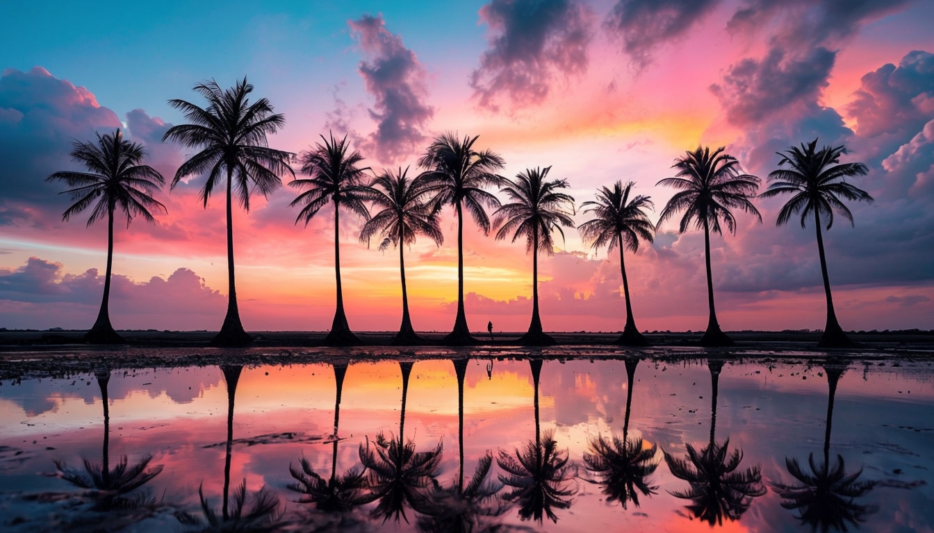 Tropical Sunset Landscape with Palm Trees and Reflective Water Background