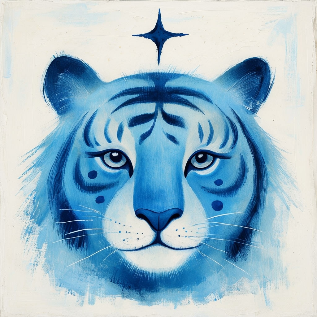 Whimsical Blue Tiger Face Artwork with Mystical Star Mug