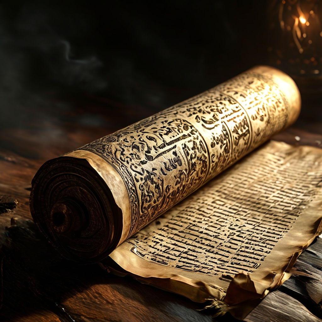 Ancient scroll unfurled revealing etched biblical narratives by 