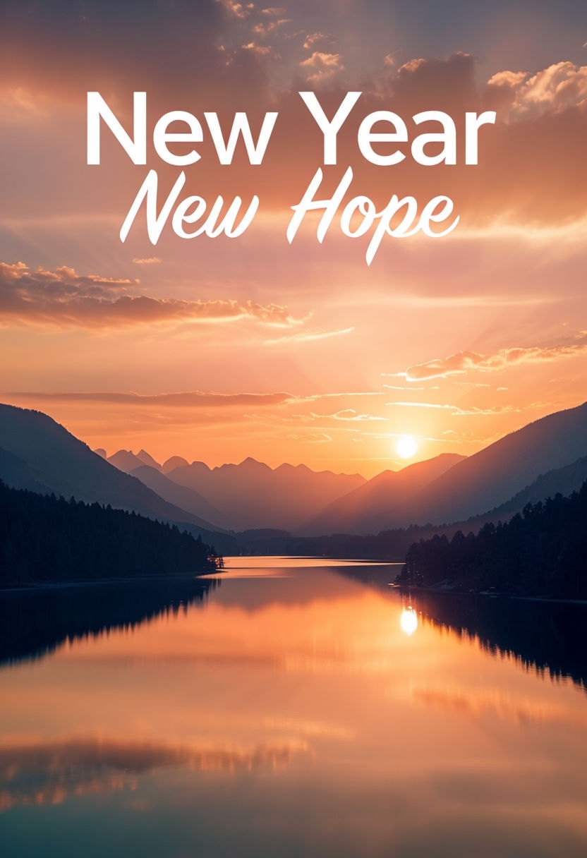 Serene Sunset Landscape with Inspirational New Year Message Poster