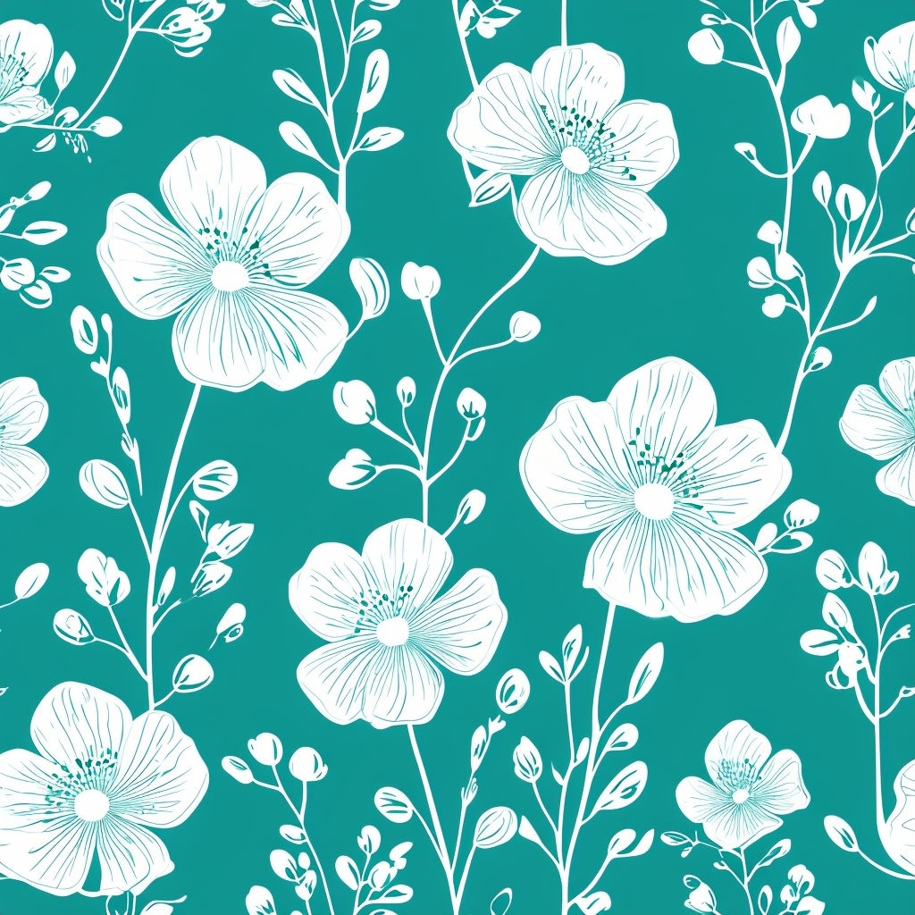 White Floral Seamless Pattern on Teal Background