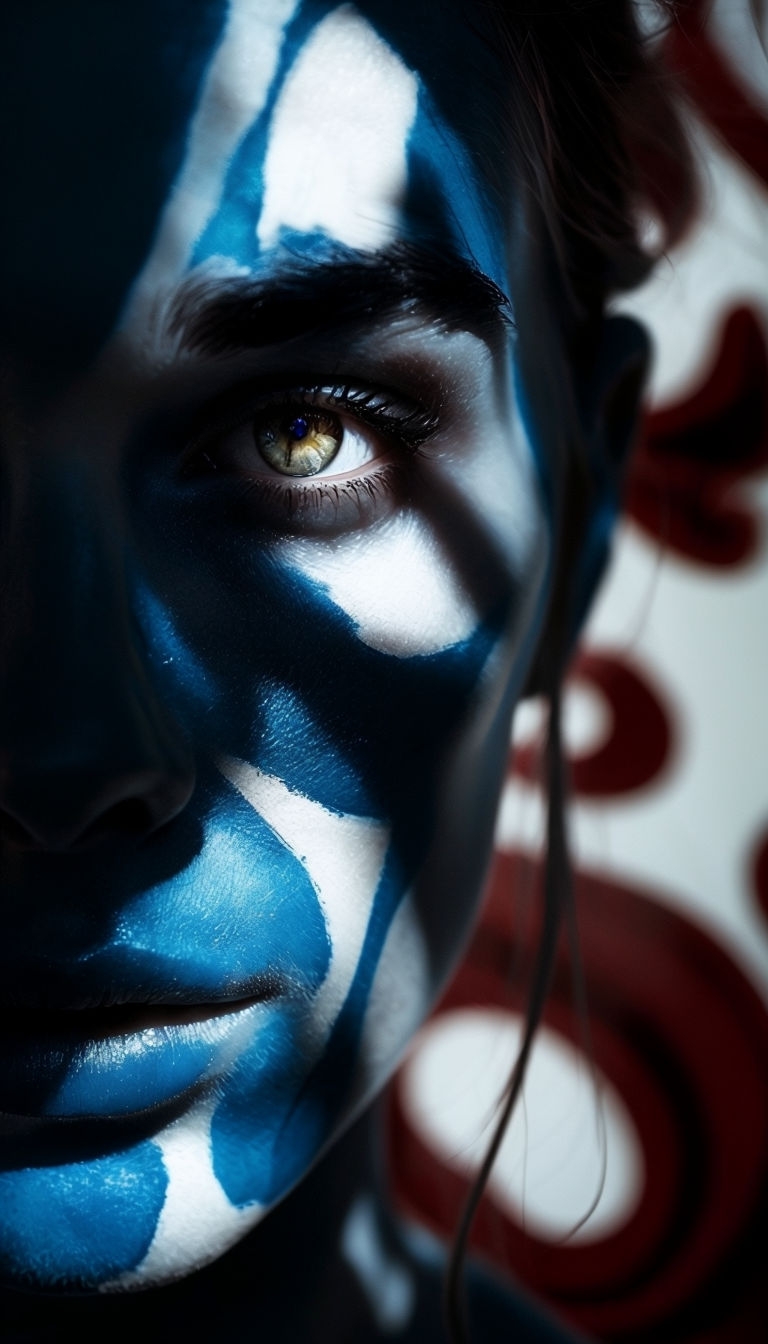 Abstract Portrait with Blue Patterns and Mysterious Mood Mobile Wallpaper