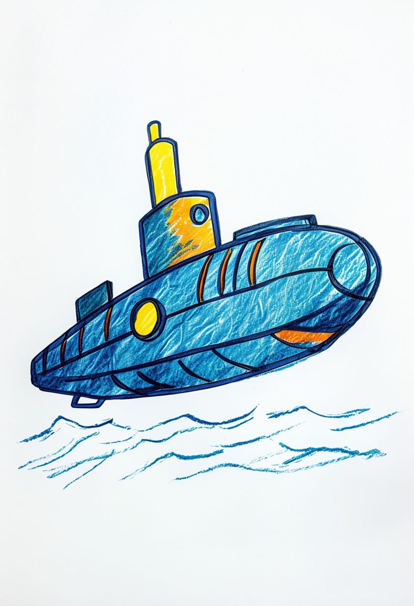 Vibrant Crayon Drawing of Underwater Submarine Exploration Art