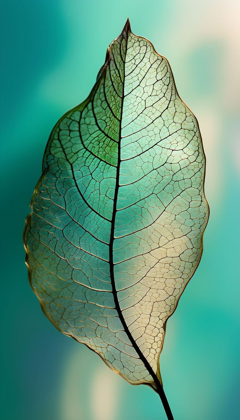 Intricate Skeleton Leaf Close-Up with Soft Teal Background Mobile Wallpaper