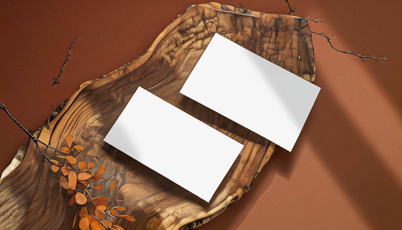 Minimalist Business Card Overhead Shot on Rustic Tray Mockup