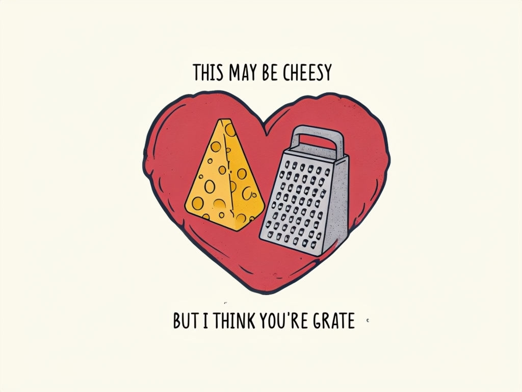 Cheesy Heart Illustration with Grater and Playful Text Card