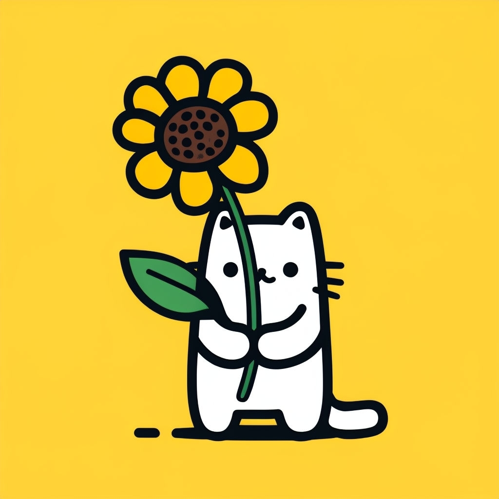 Cute Cartoon Cat Holding Yellow Flower Illustration Sticker